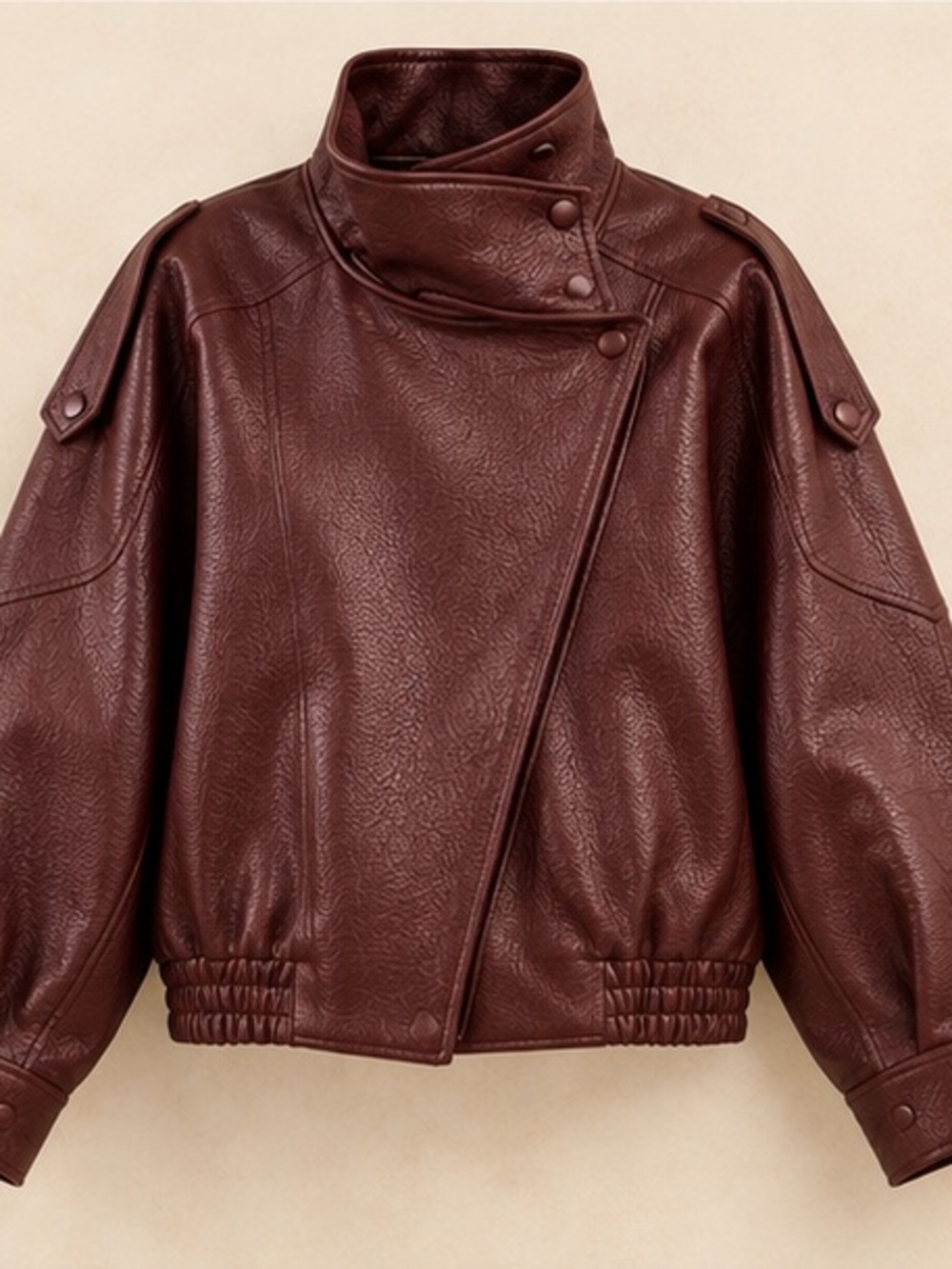 Burgundy Faux Leather Funnel Neck Cropped Jacket Oversized Moto Style